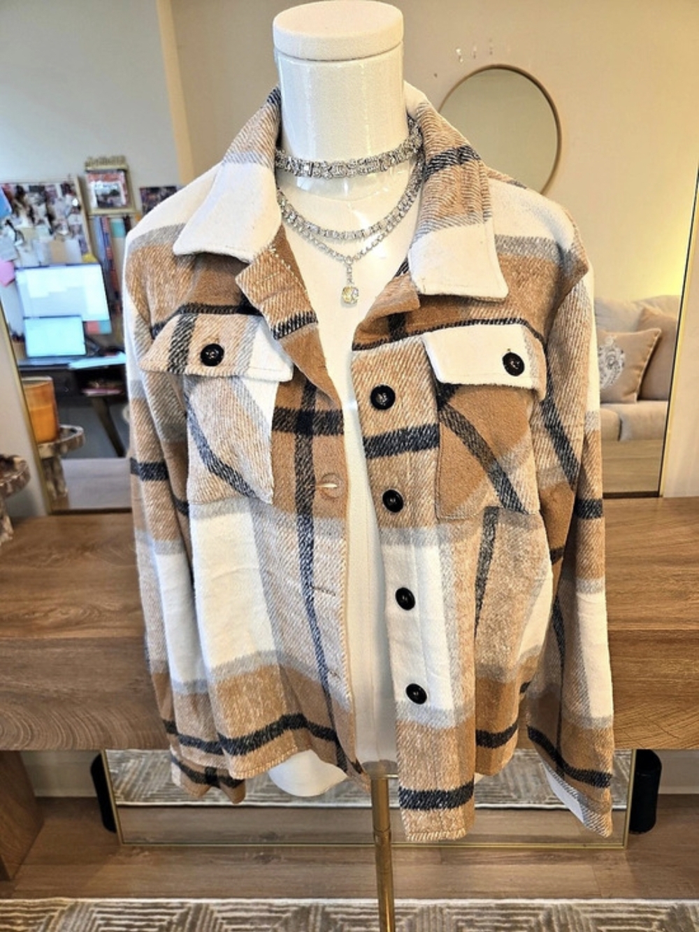 Zeagoo Plaid Shacket in Brown & Cream NWT